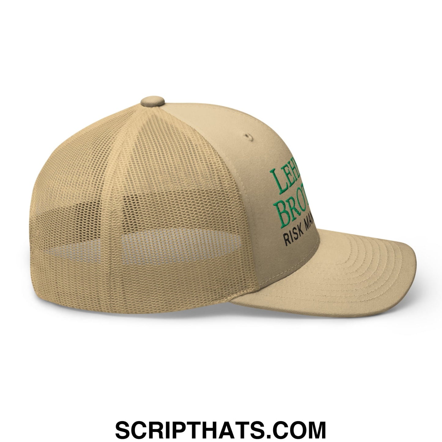 Beige mesh trucker hat with green embroidered lehman brothers risk management text on the side
