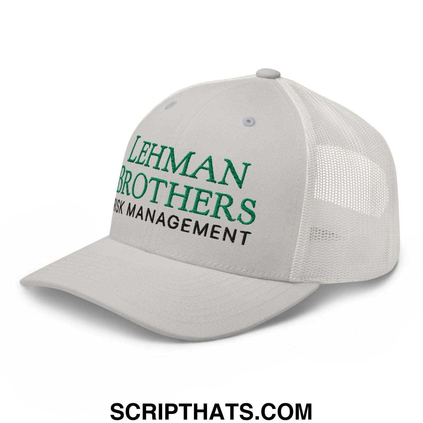 White mesh trucker hat with green and black embroidered lehman brothers risk management text on the front