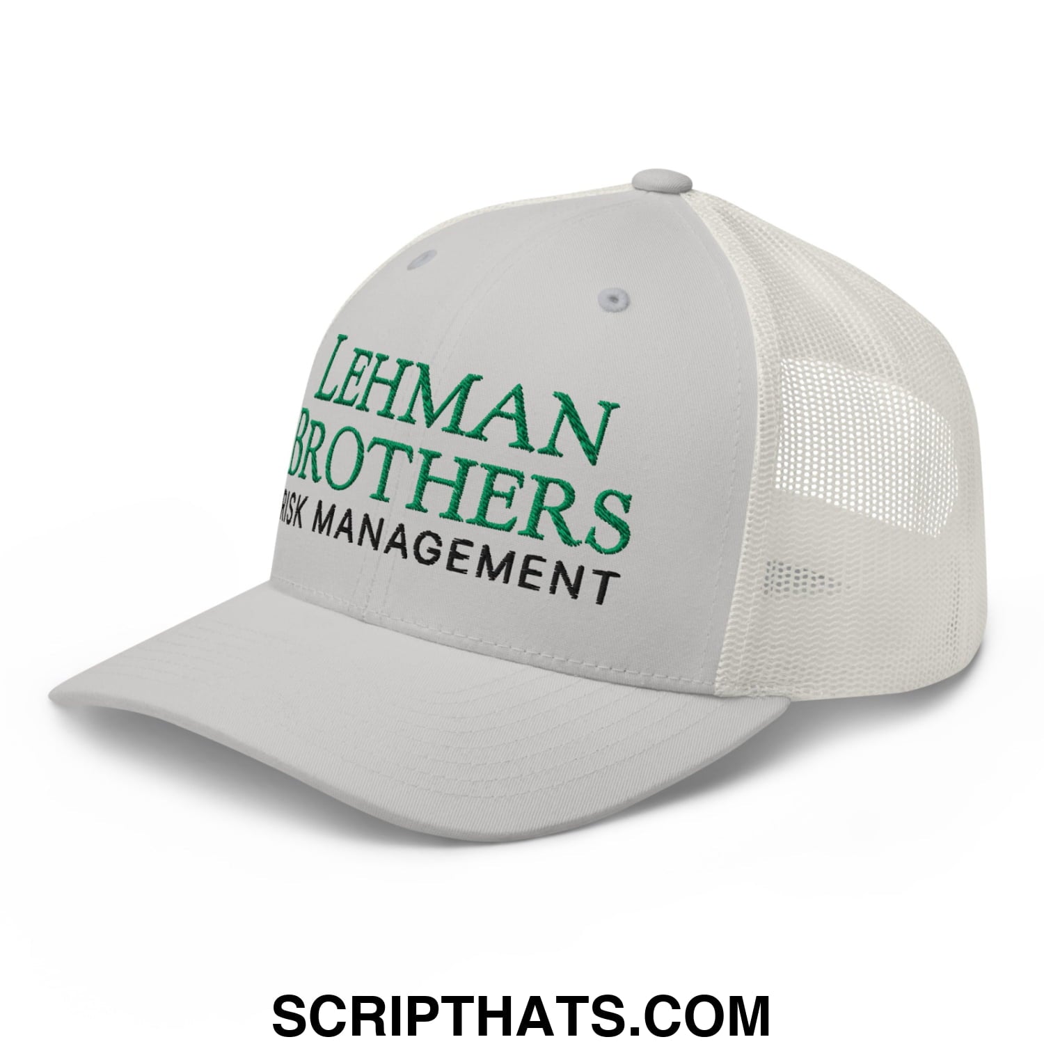 White mesh trucker hat with green and black embroidered lehman brothers risk management text on the front