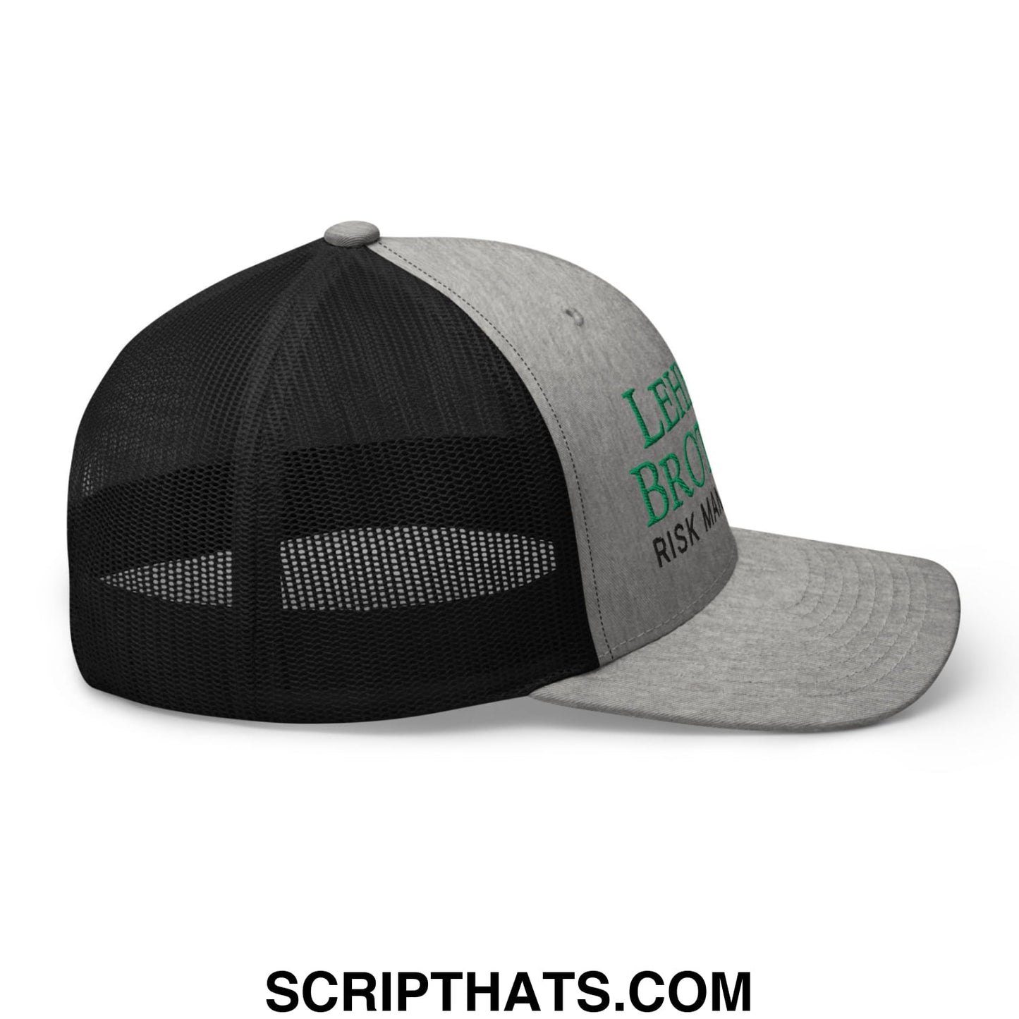 Gray and black mesh trucker hat with green lehman brothers risk management embroidered text on front panel