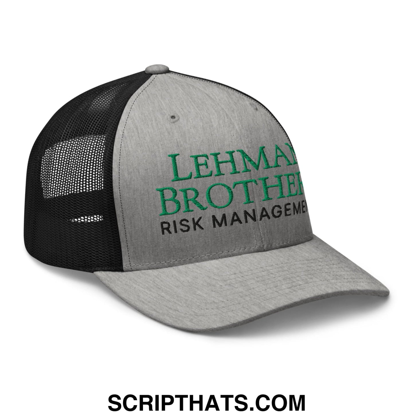 Gray and black mesh trucker hat with green embroidered lehman brothers risk management text on front panel