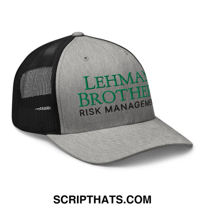 Gray and black mesh trucker hat with green embroidered lehman brothers risk management text on front panel