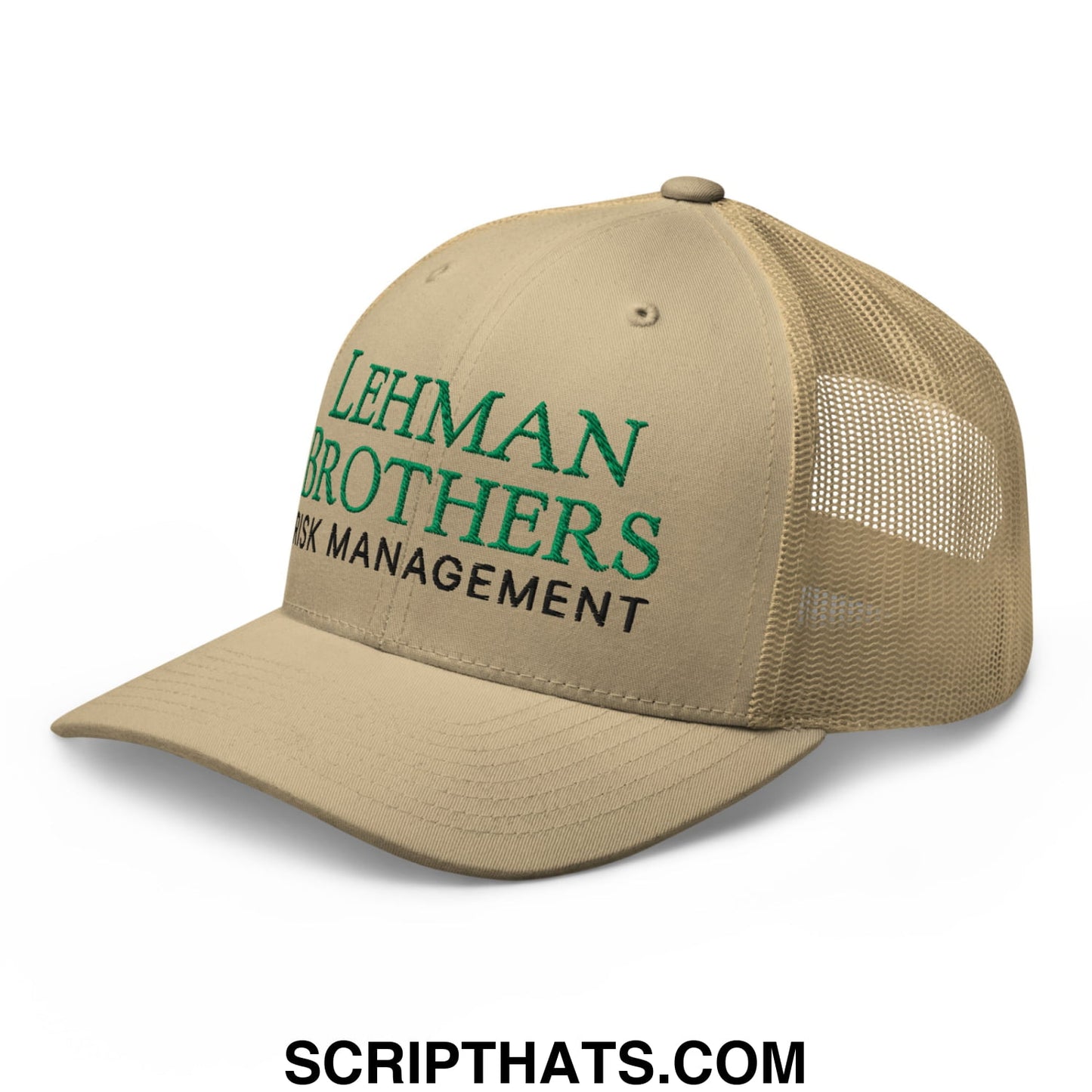 Beige mesh trucker hat with green and black embroidered lehman brothers risk management text on front panel