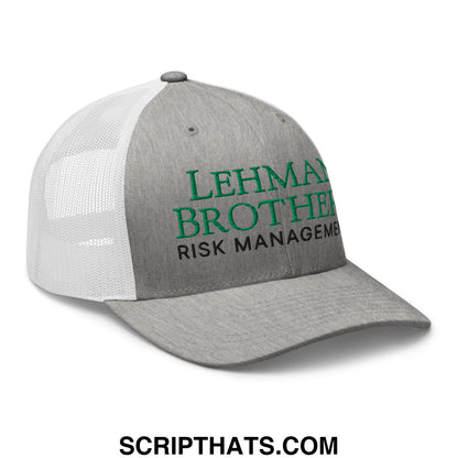 Gray and white mesh trucker hat with green embroidered Lehman Brothers risk management text on the front