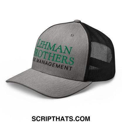 Gray and black lehman brothers risk management embroidered mesh trucker hat with green text and black mesh back