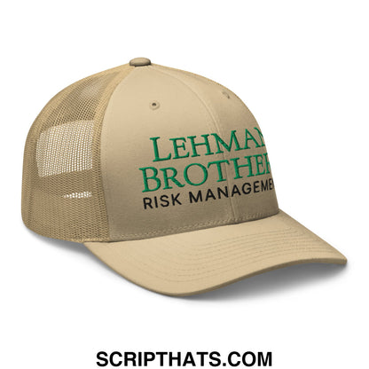 Beige mesh trucker hat with green and black embroidered lehman brothers risk management text on front panel