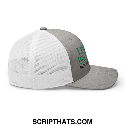 Gray and white mesh trucker hat with green lehman brothers risk management embroidered text on the side