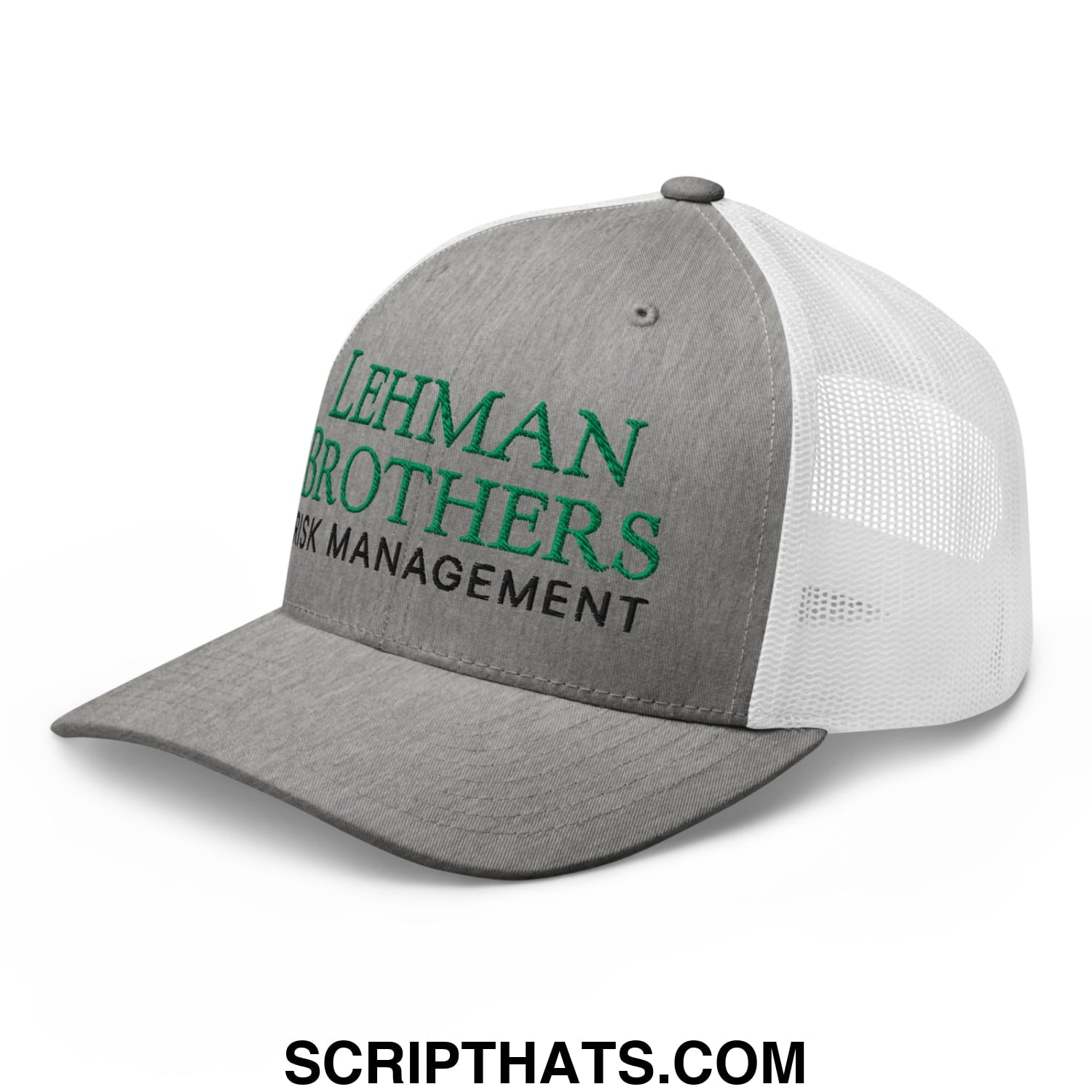 Gray and white mesh trucker hat with embroidered green lehman brothers and black risk management text