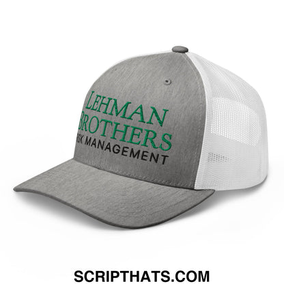 Gray and white mesh trucker hat with embroidered green lehman brothers and black risk management text
