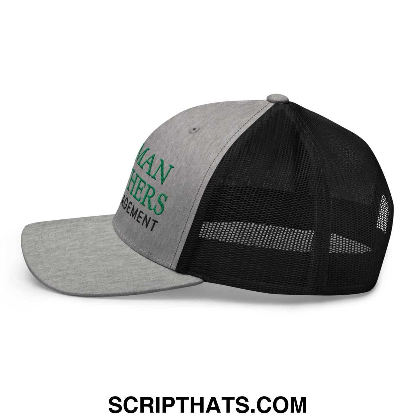 Gray and black mesh trucker hat with green lehman brothers risk management embroidered text on the front panel