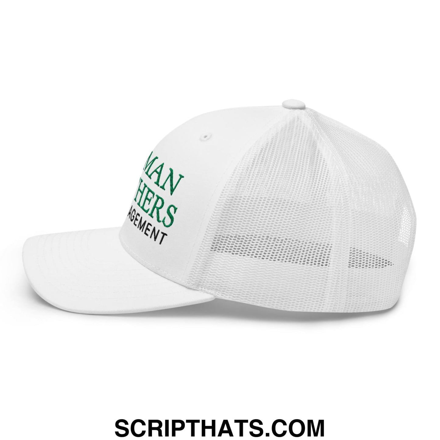 White mesh Lehman Brothers risk management trucker hat with green embroidered human resources management text