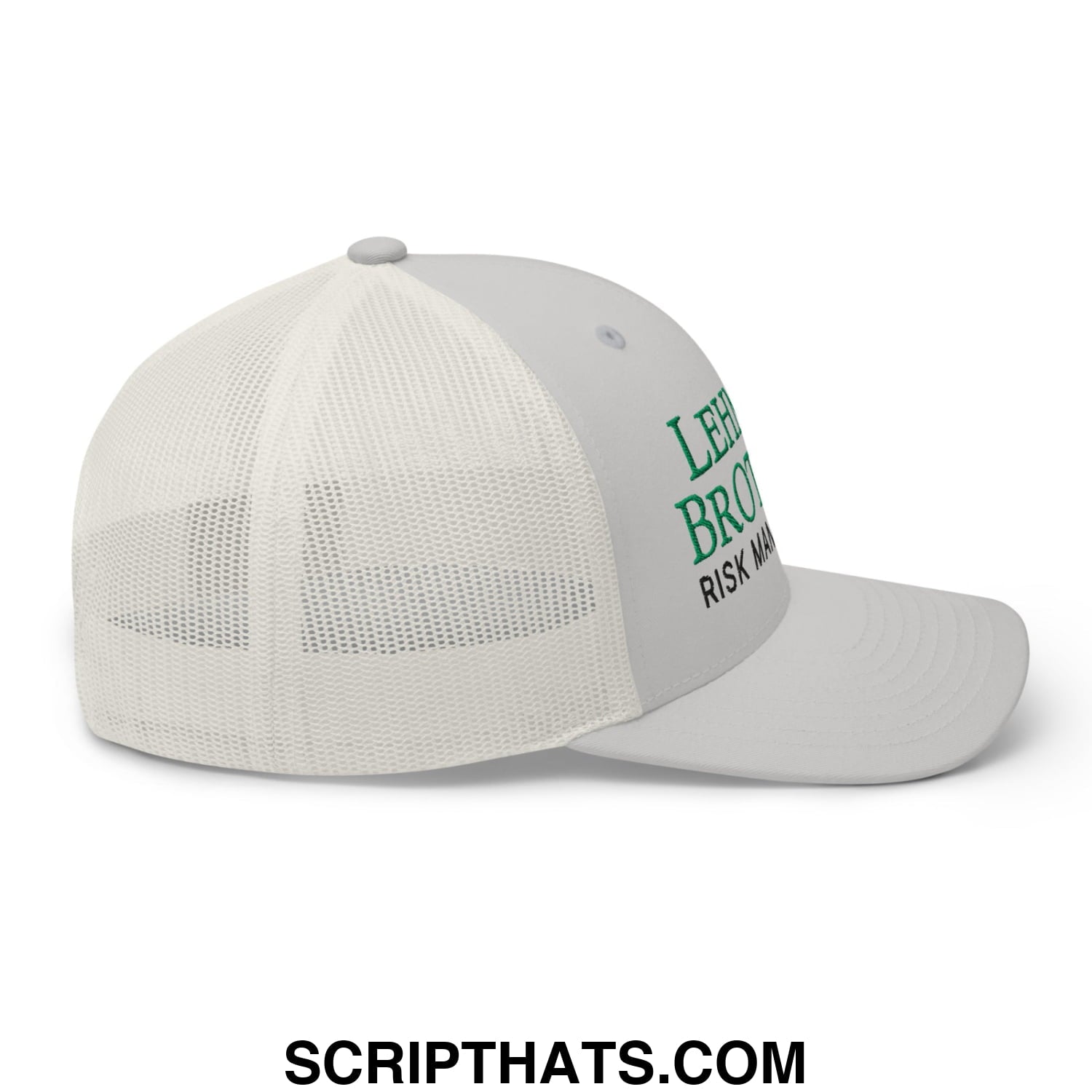 A light gray mesh trucker hat with embroidered green lehman brothers risk management text on the front panel