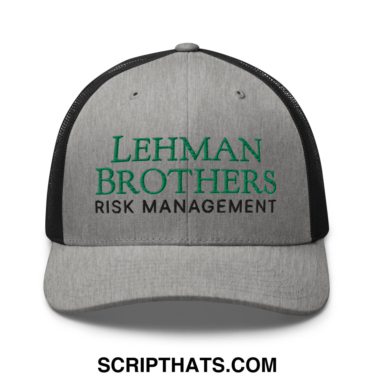Gray and black mesh trucker hat with lehman brothers risk management embroidered in green and black on the front