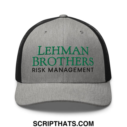 Gray and black mesh trucker hat with lehman brothers risk management embroidered in green and black on the front