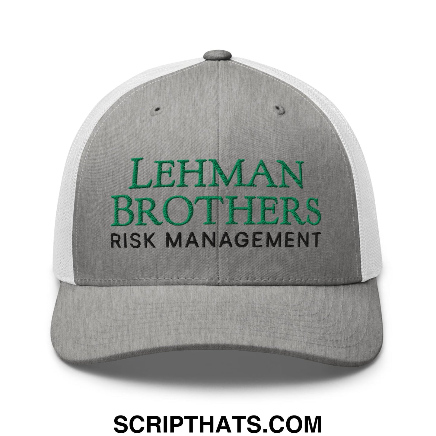 Gray and white mesh trucker hat with lehman brothers risk management embroidered in green and black on front