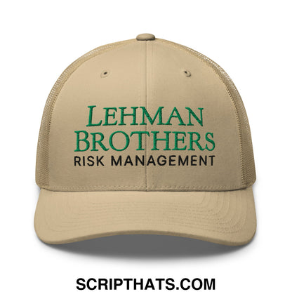 Beige mesh trucker hat with green and black embroidered Lehman Brothers risk management text on front panel