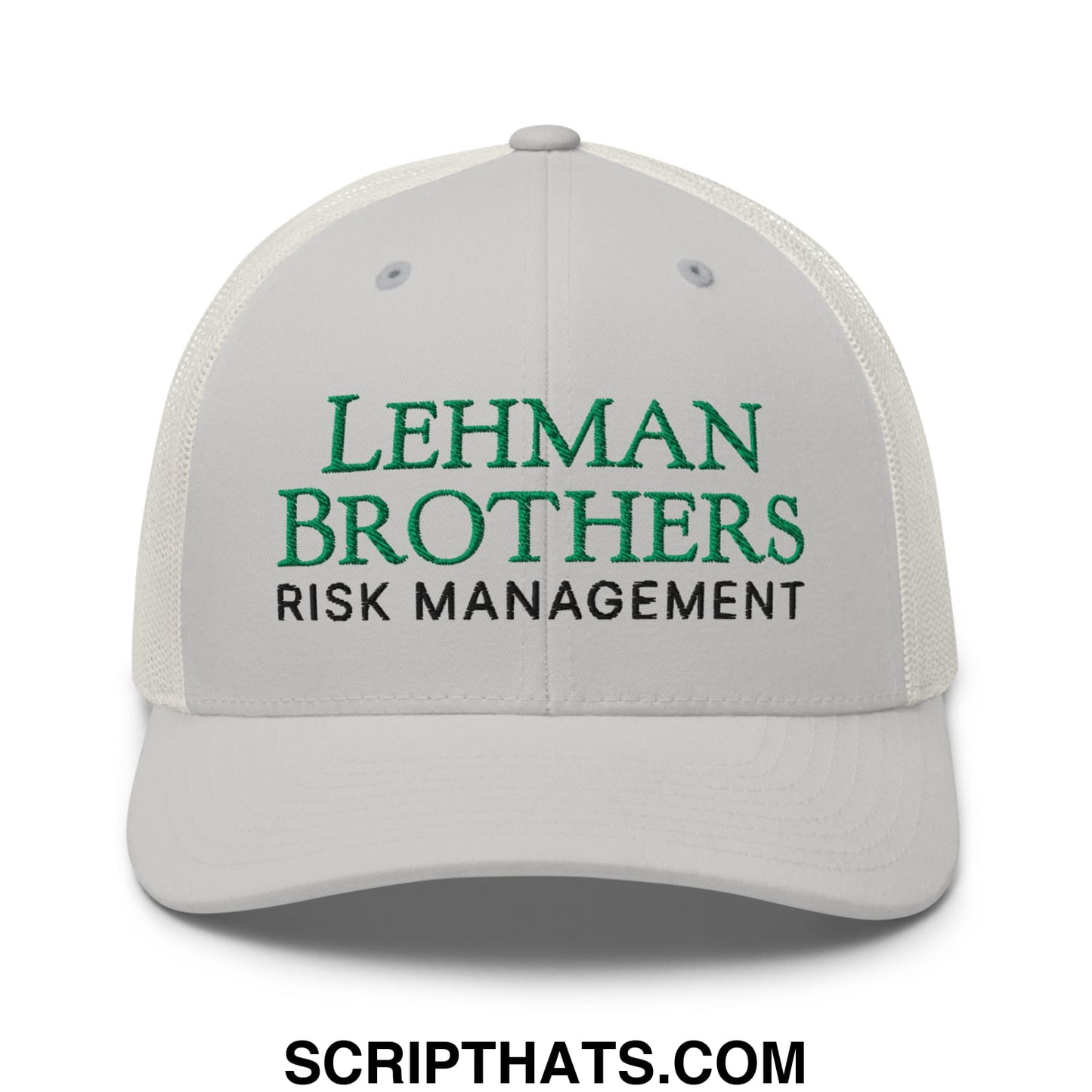 White mesh trucker hat with green and black embroidered lehman brothers risk management text on front panel