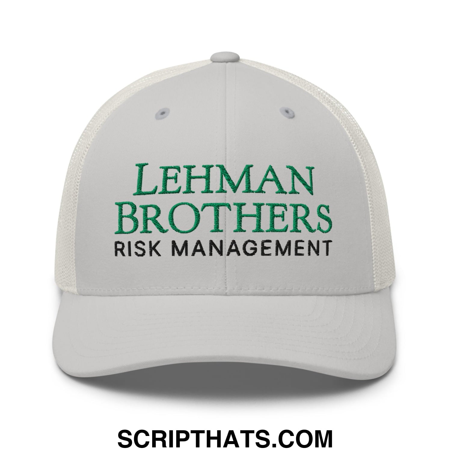 White mesh trucker hat with green and black embroidered lehman brothers risk management text on front panel