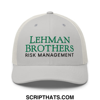 White mesh trucker hat with green and black embroidered lehman brothers risk management text on front panel