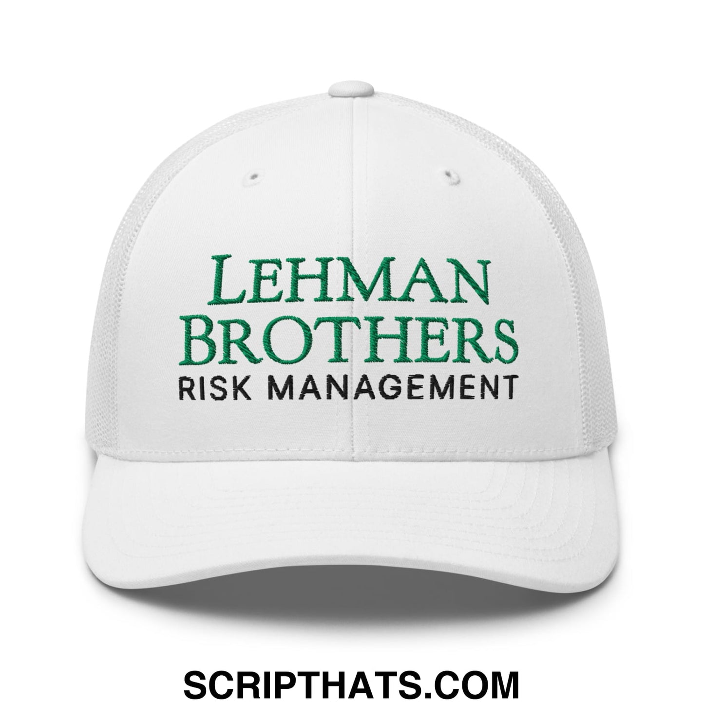 White mesh trucker hat with embroidered green and black lehman brothers risk management text on front