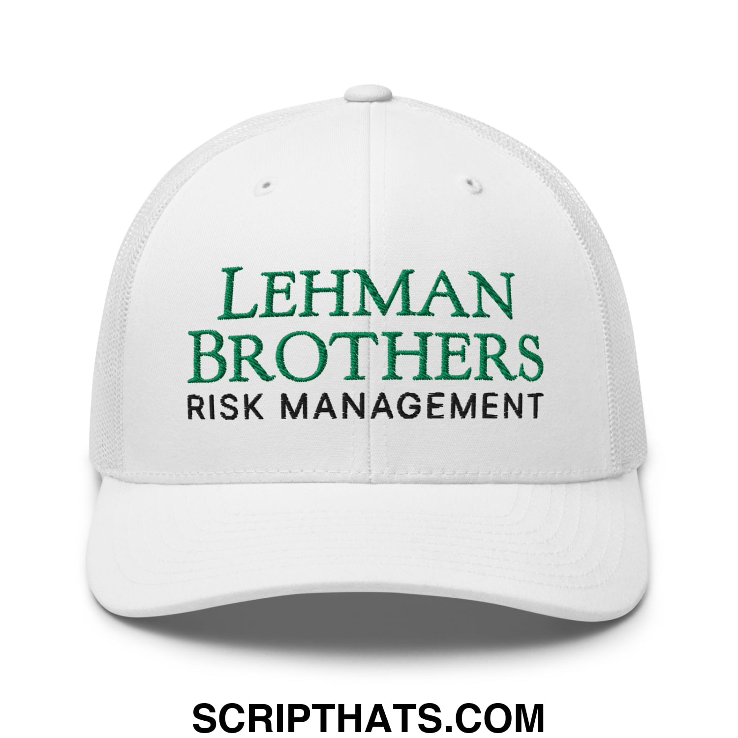 White mesh trucker hat with embroidered green and black lehman brothers risk management text on front