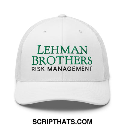 White mesh trucker hat with embroidered green and black lehman brothers risk management text on front