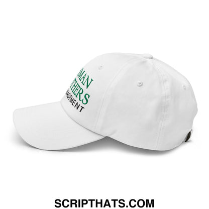 White unstructured dad hat with green embroidered human fathers management text for lehman brothers risk management