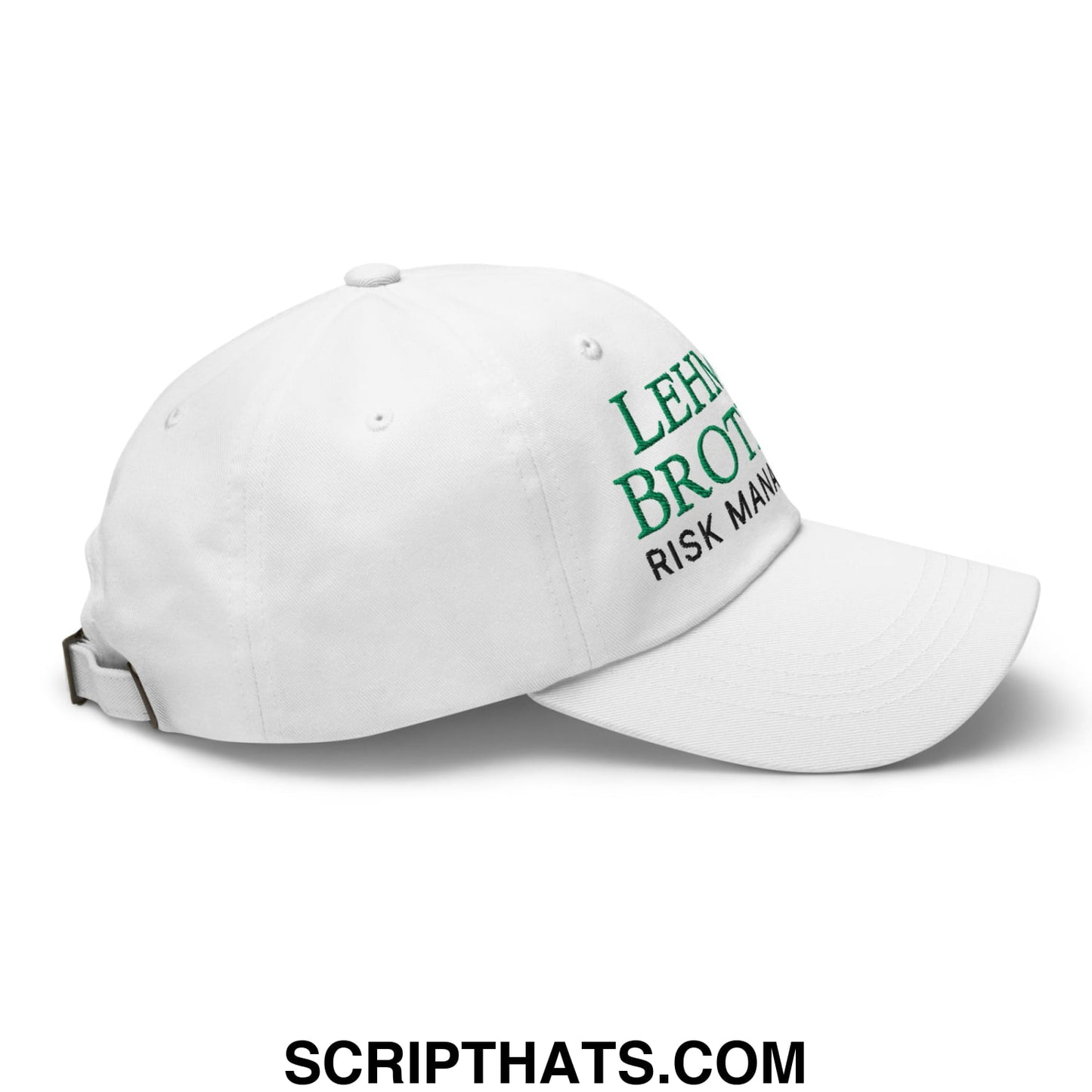White unstructured dad hat with green embroidered lehman brothers risk management text on the front