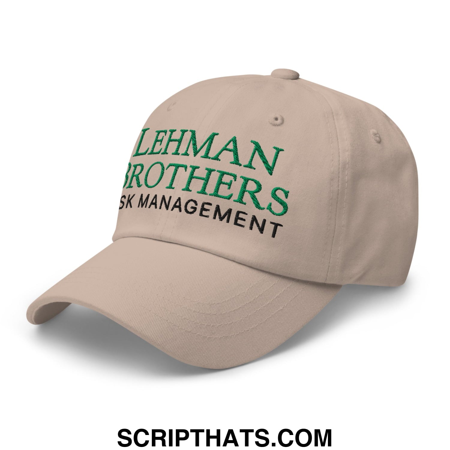 Beige unstructured dad hat with embroidered green and black Lehman Brothers risk management text
