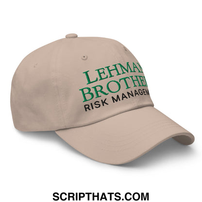 Beige unstructured dad hat with embroidered green and black Lehman Brothers risk management text