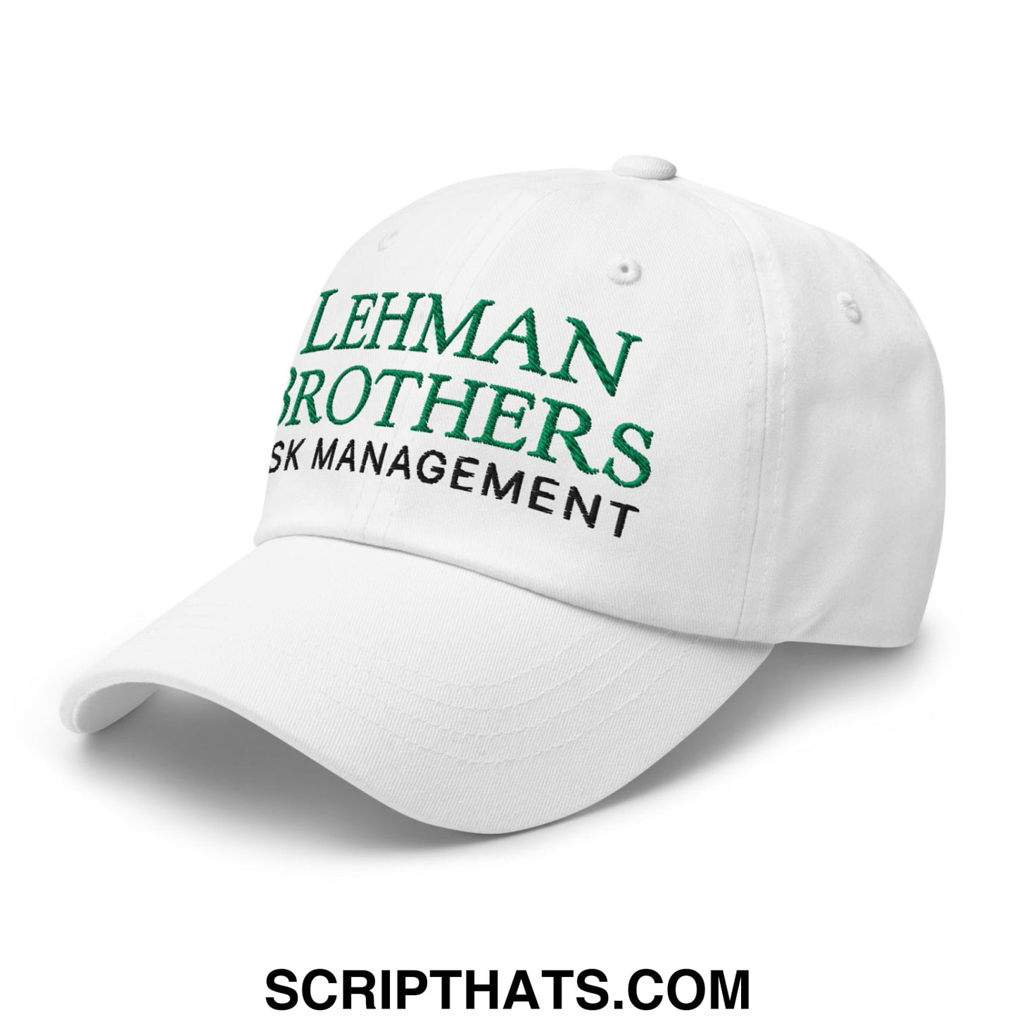 White unstructured dad hat with embroidered green and black lehman brothers risk management text