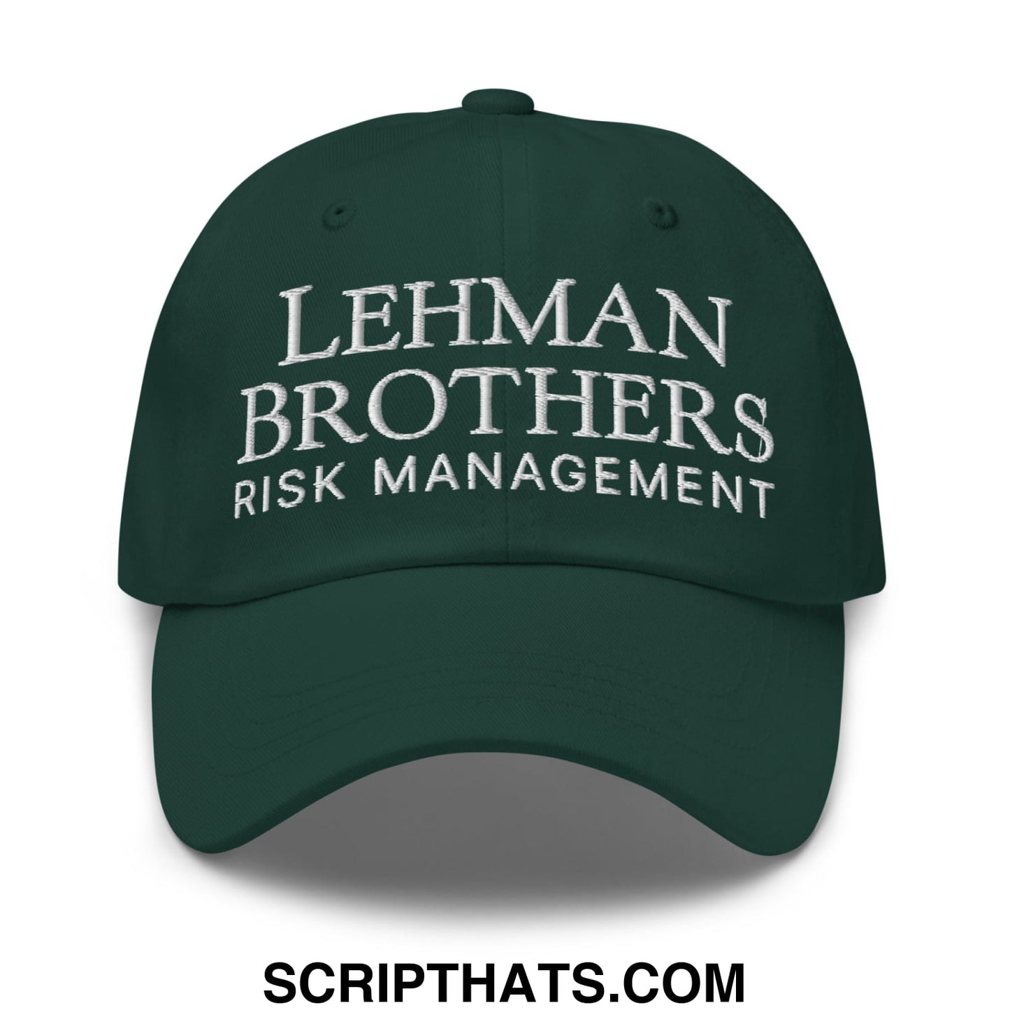Dark green lehman brothers risk management embroidered unstructured dad hat with white text on front
