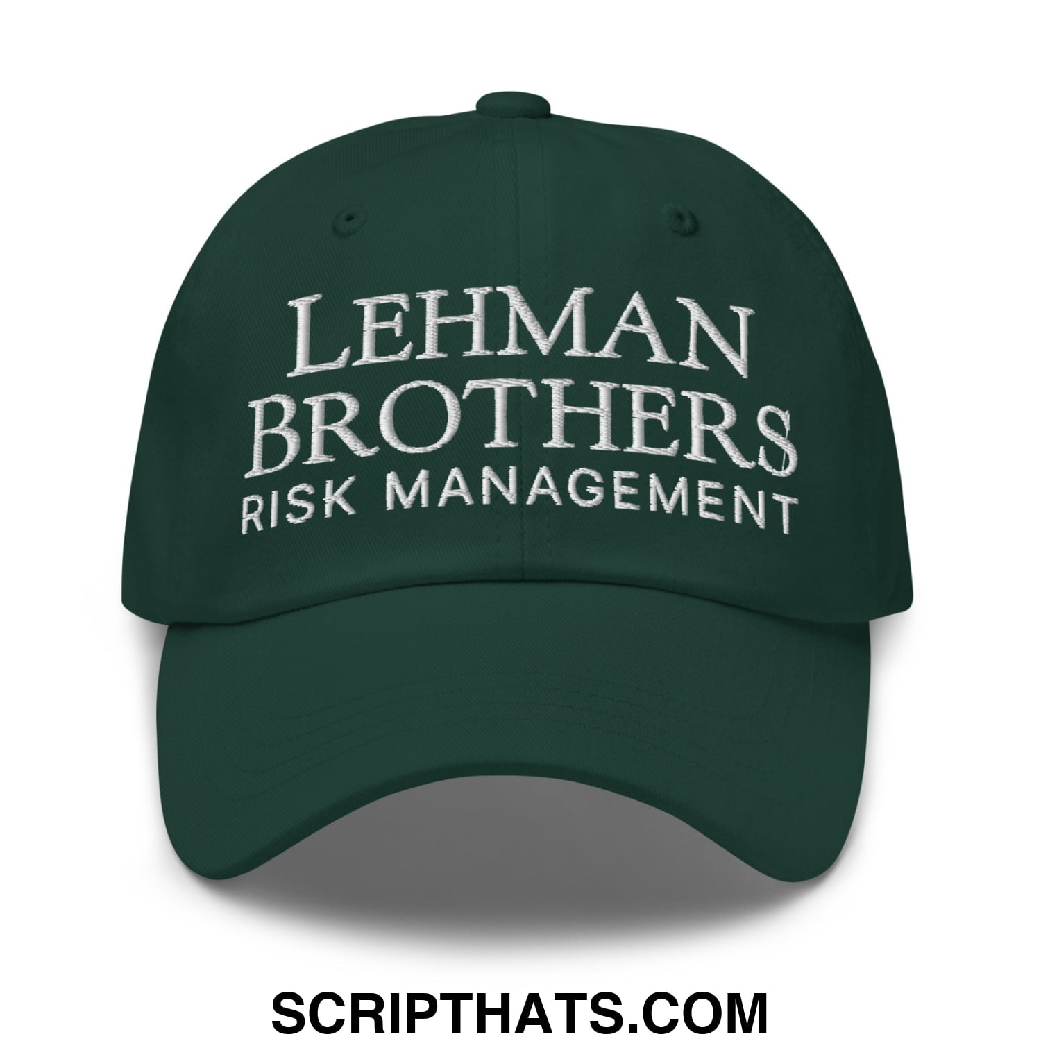 Dark green lehman brothers risk management embroidered unstructured dad hat with white text on front