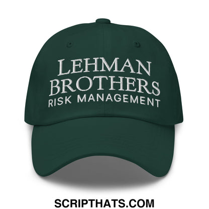 Dark green lehman brothers risk management embroidered unstructured dad hat with white text on front