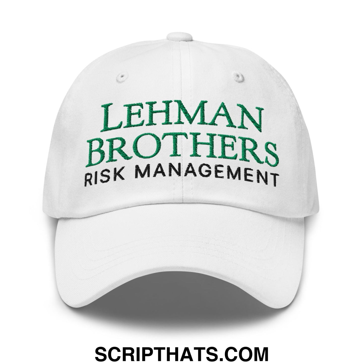 White unstructured dad hat with lehman brothers risk management embroidered in green and black lettering