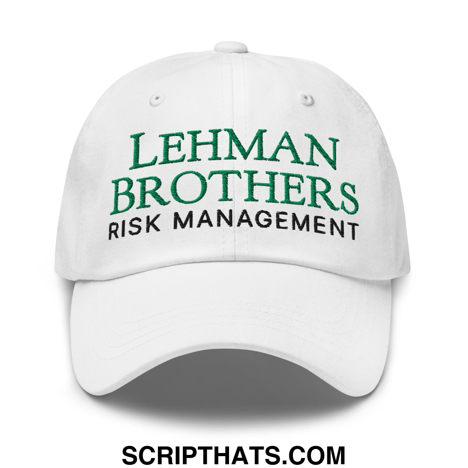 White unstructured dad hat with lehman brothers risk management embroidered in green and black lettering