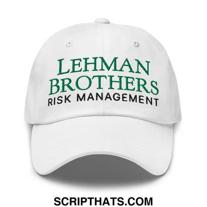 White unstructured dad hat with lehman brothers risk management embroidered in green and black lettering