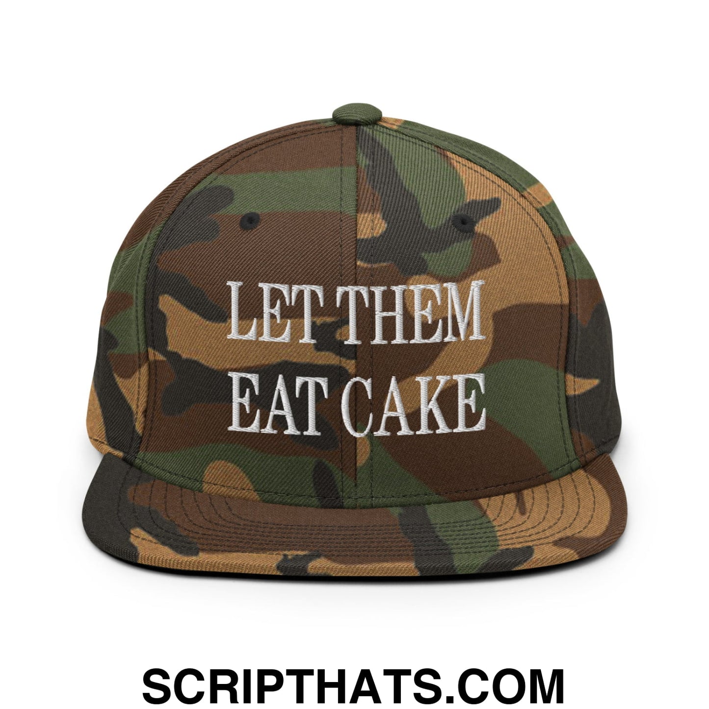 Let Them Eat Cake Embroidered Flat Bill Brim Snapback Hat Green Camo