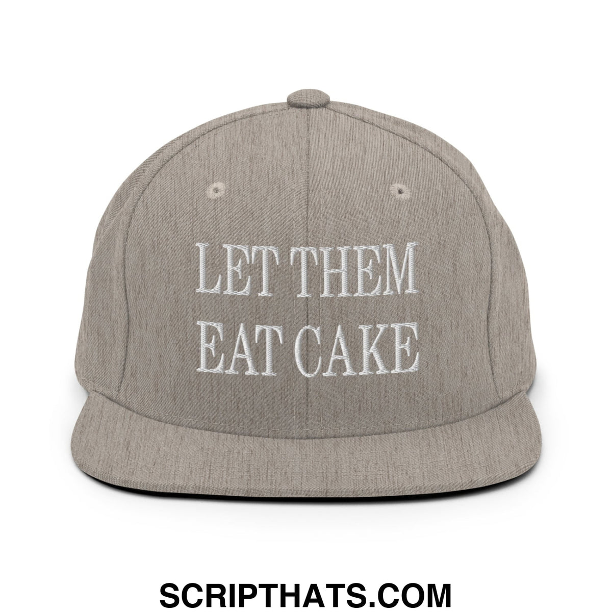 Gray snapback hat with white embroidered let them eat cake text and flat bill brim for casual wear