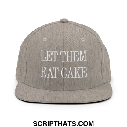 Gray snapback hat with white embroidered let them eat cake text and flat bill brim for casual wear