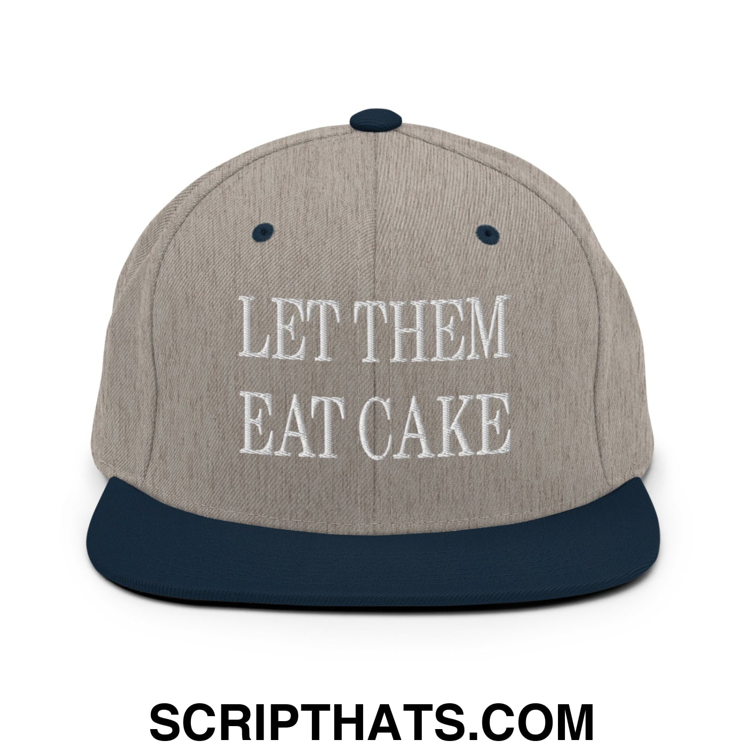 Let Them Eat Cake Embroidered Flat Bill Brim Snapback Hat Heather Grey Navy