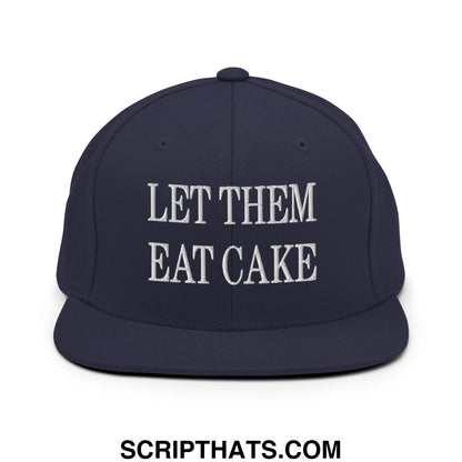 Navy blue snapback flat bill brim hat with white embroidered let them eat cake text for casual wear