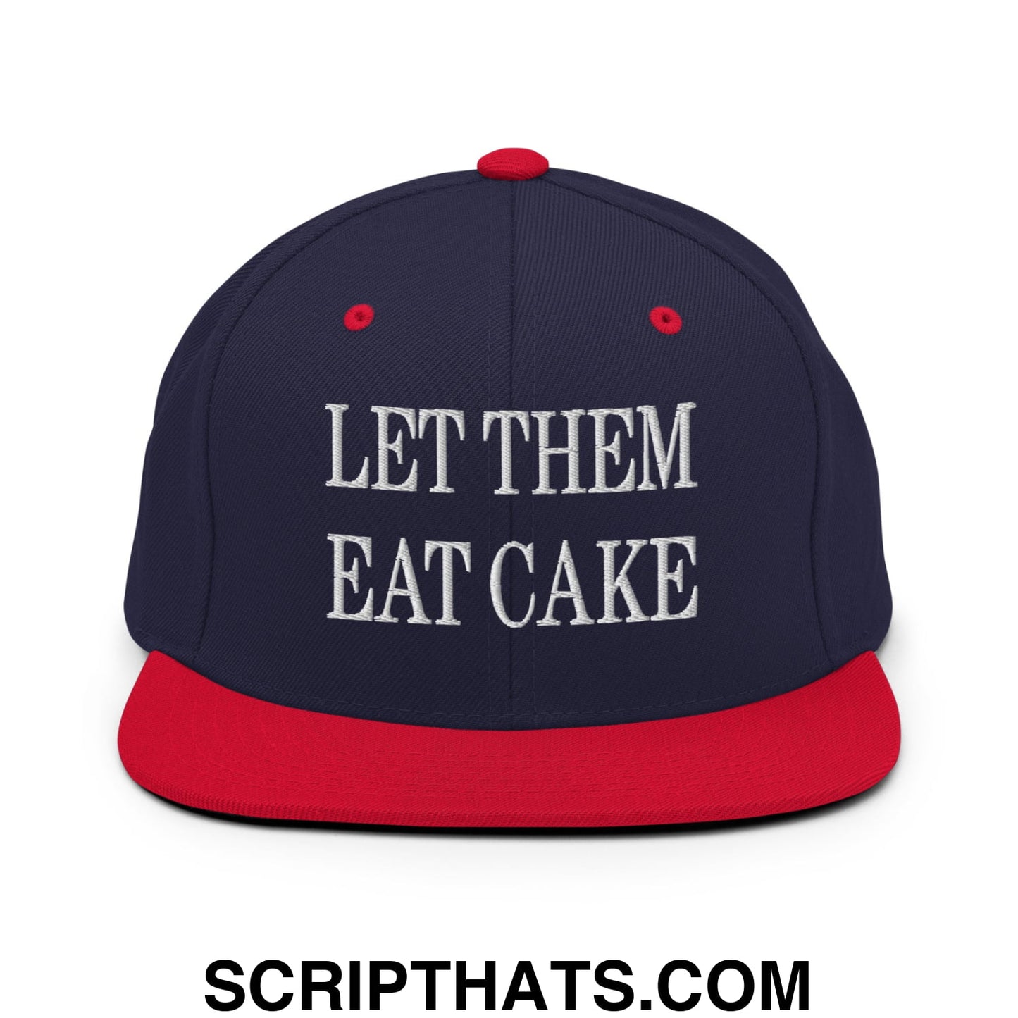 Let Them Eat Cake Embroidered Flat Bill Brim Snapback Hat Navy Red