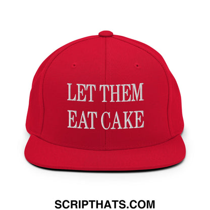 Red snapback cap with white embroidered let them eat cake text and flat bill brim for casual wear