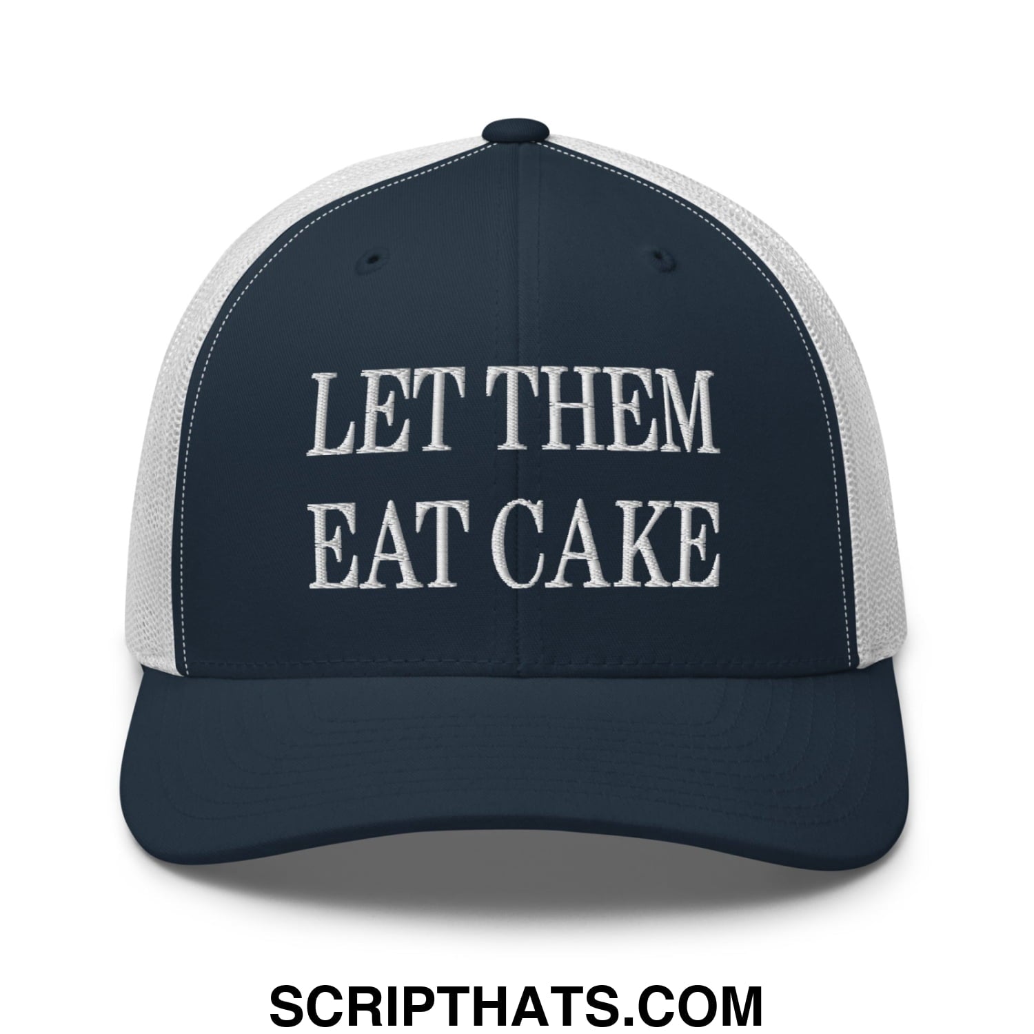 Let Them Eat Cake Embroidered Mesh Trucker Hat Navy White