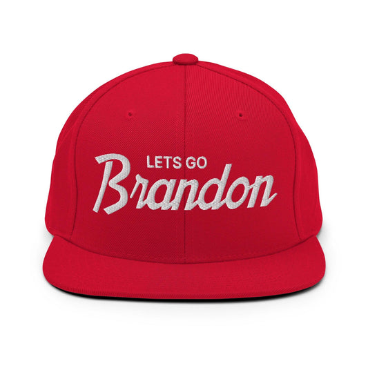 Let's Go Brandon Script Flat Bill Brim Snapback Hat Red