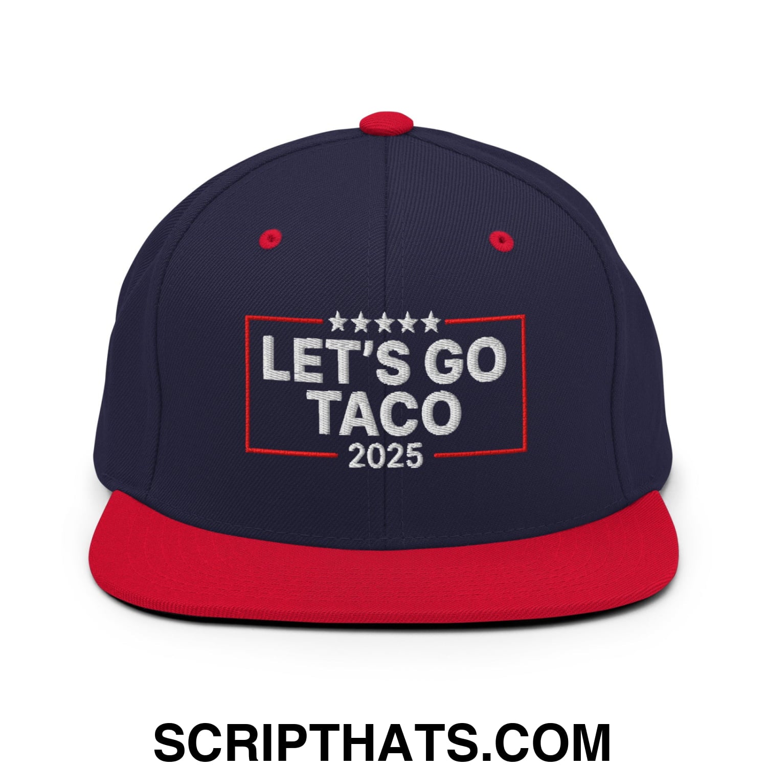 Let's Go Taco 2025 Embroidered Flat Bill Brim Snapback Hat Navy Red