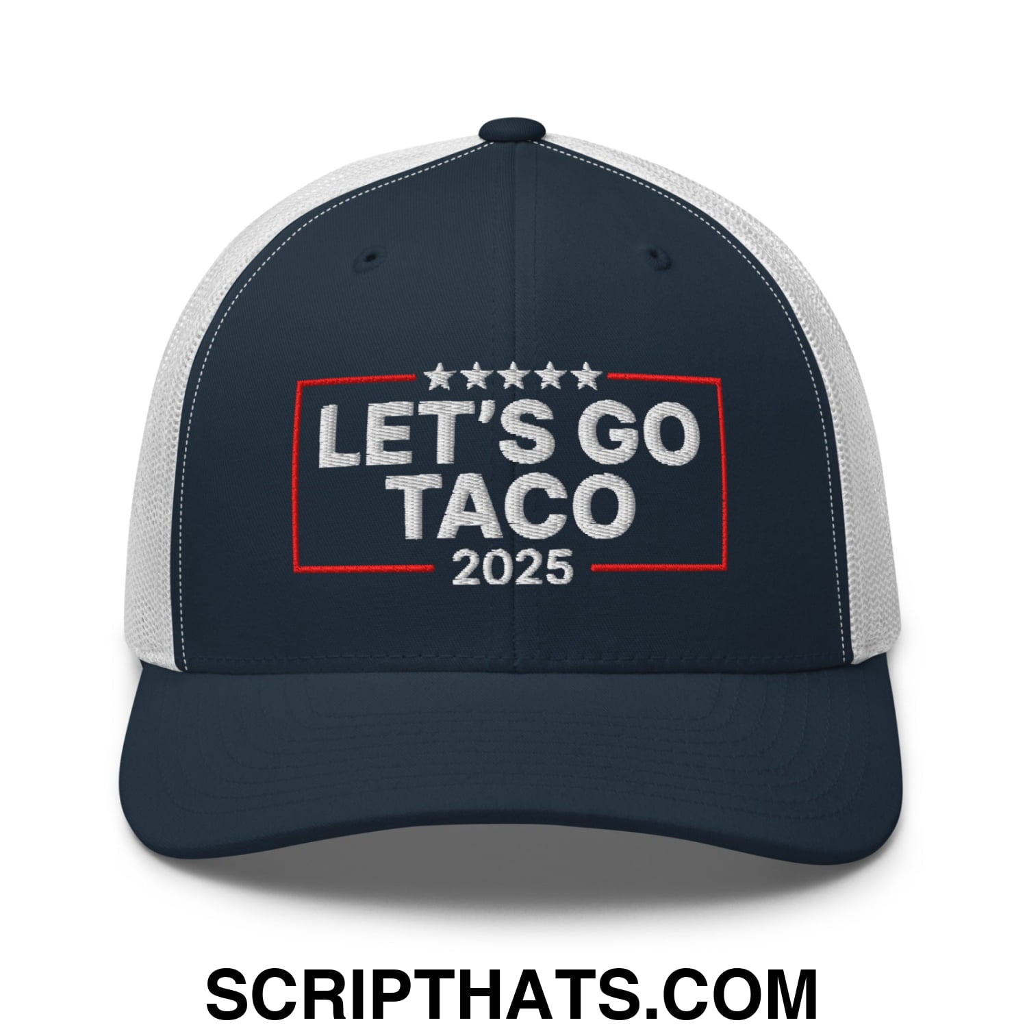 Let's Go Taco 2025 Embroidered Mesh Trucker Hat Navy White