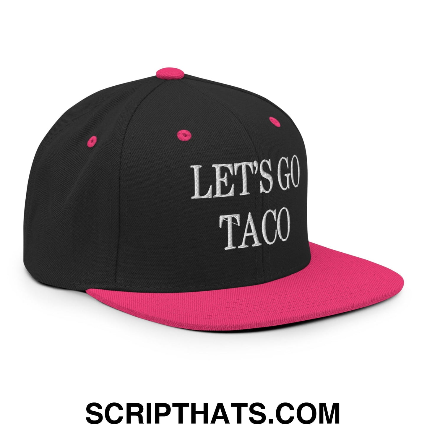 Let's Go Taco Embroidered Flat Bill Brim Snapback Hat Black Neon Pink
