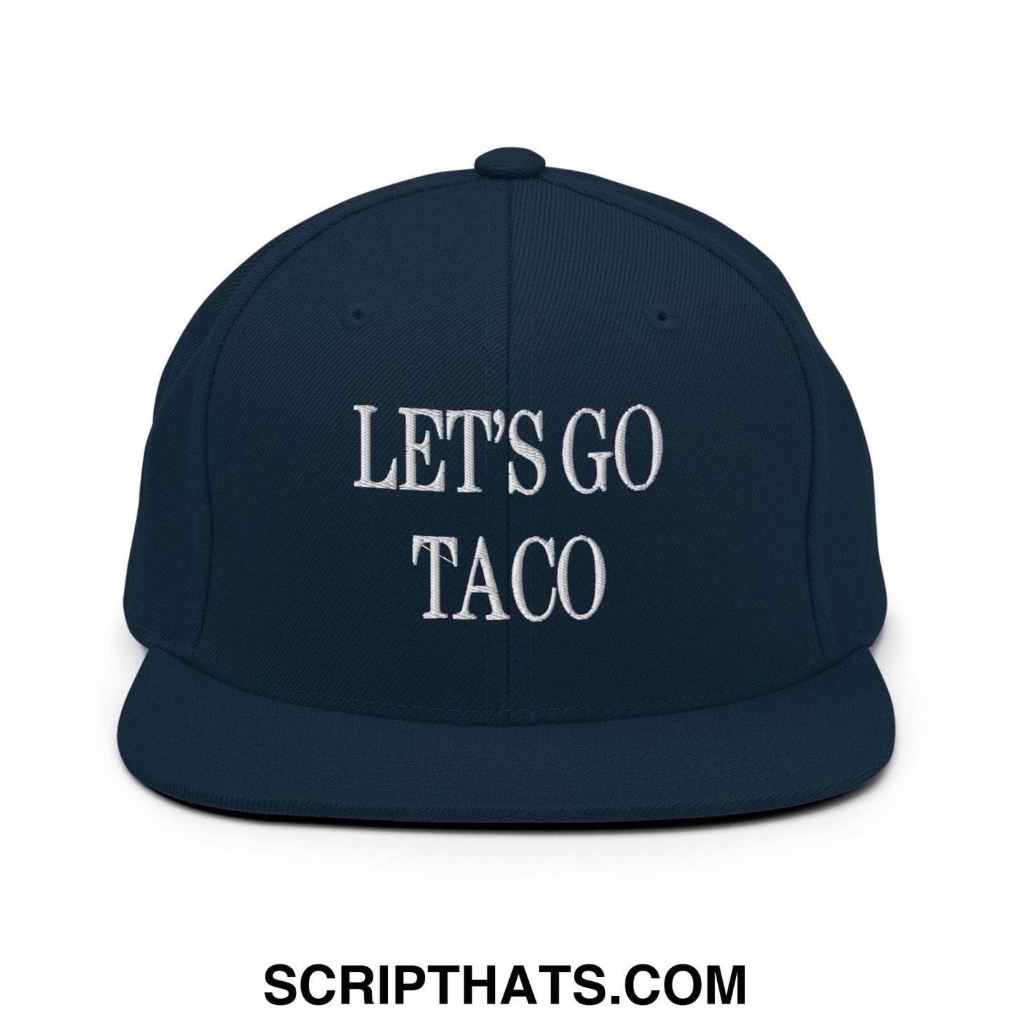 Navy blue snapback hat with white embroidered lets go taco text and flat bill brim for casual wear